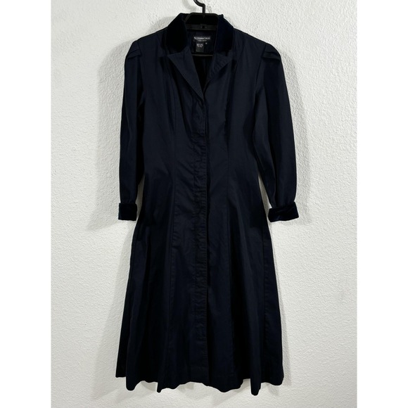 J Peterman Company Dress Womens 6 Navy Blue Velvet Collar Cuffs Long Midi A-Line - Picture 1 of 8